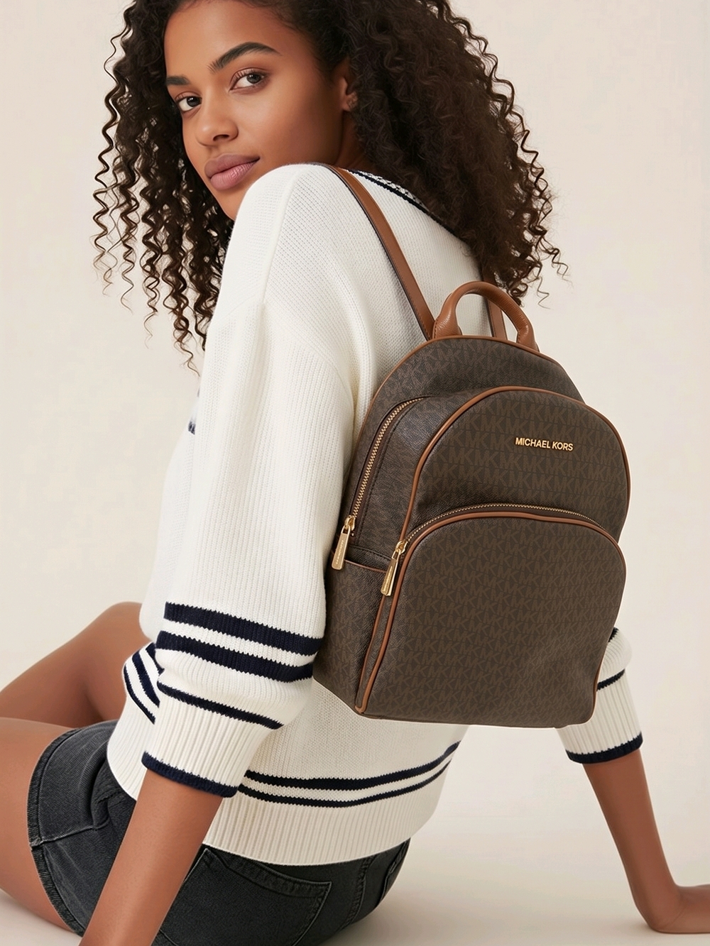 Michael Kors Brown Logo Dome Backpack with Gold Hardware